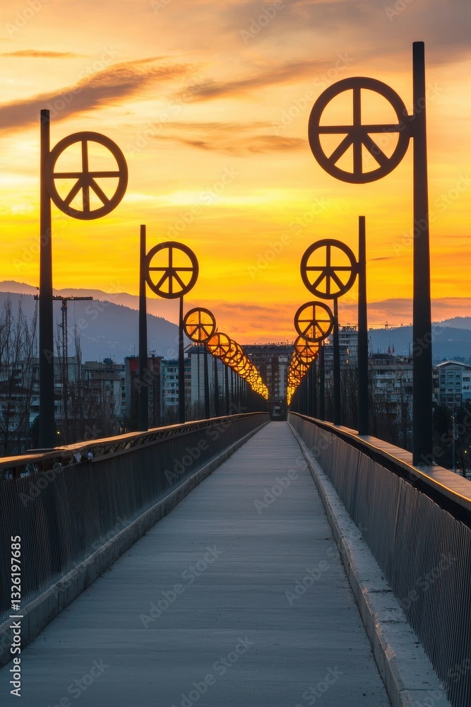 Fototapeta premium A bridge with glowing peace symbols as streetlights