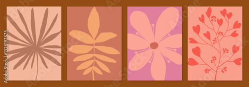 Minimalist Floral Posters. Delicate leaf and flower silhouettes in warm, earthy tones. Perfect for modern wall art, branding, stationery, and digital backgrounds. Vector illustration