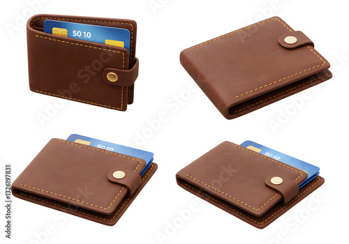 3d isolated brown leather wallet icon, multiple angles