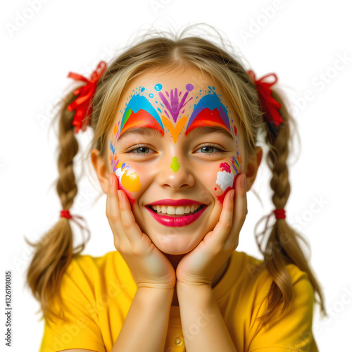Colorful Face Paint Joyful Expression Young Girl Pigtails Butterfly Design Rainbow Colors Playful Mood Artistic Children Photography