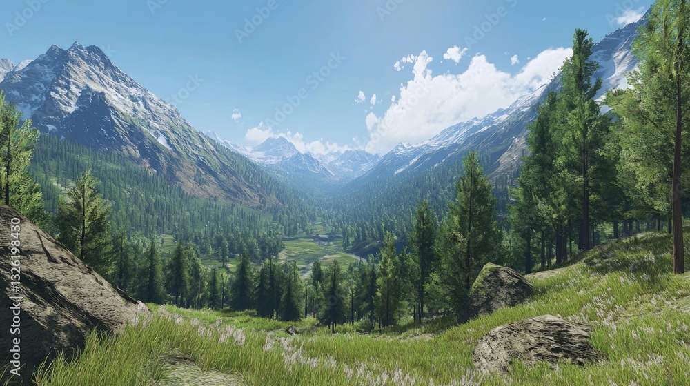 Fototapeta premium Majestic Mountain Valley Panorama with Breathtaking View of Nature's Serenity