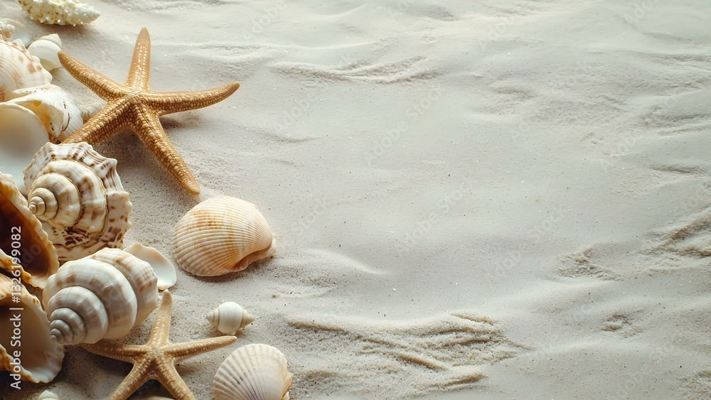 A collection of seashells and starfish arranged on a sandy beach background. Concept Seashell Collection, Starfish Display, Sandy Beach Decor, Coastal Aesthetics, Ocean-Inspired Art A collection of seashells and starfish arranged on a sandy beach background. Concept Seashell Collection, Starfish Display, Sandy Beach Decor, Coastal Aesthetics, Ocean-Inspired Art