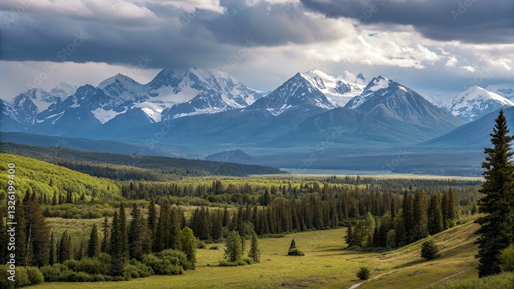 Obraz premium Beautiful nature over a green forest and vast mountain landscape