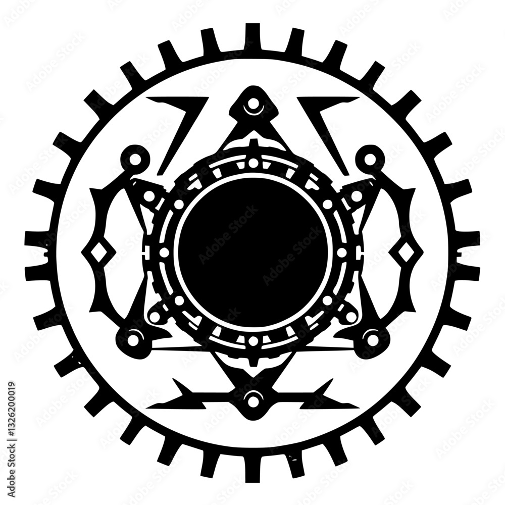 Fototapeta premium Intricate, Gear-Shaped, Geometric Emblem in Black and White, Featuring a Central Circle, Triangular Elements, and Detailed Clockwork Design.
