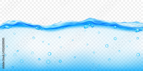 Translucent light blue water wave with air bubbles floating inside, isolated on transparent background. Transparency only in vector file