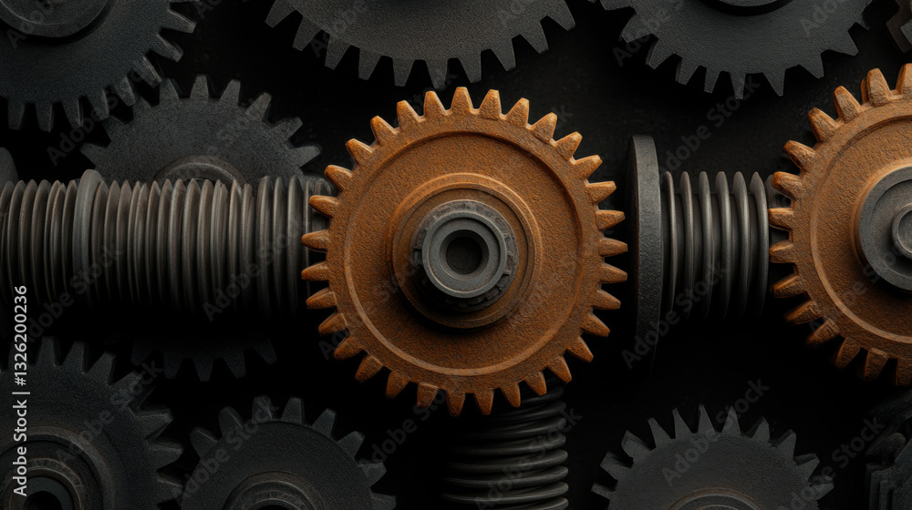 The image could be described as Industrial gears and metal components in a mechanical system with teamwork in engineering and technology The image could be described as Industrial gears and metal components in a mechanical system with teamwork in engineering and technology