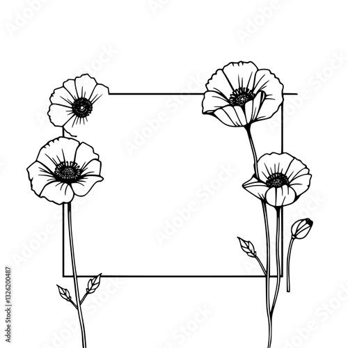 Black and white floral illustration with four poppy flowers delicately arranged around a square frame on white background.
