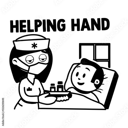 A glyph sticker of nurse checkup patient with helping hand typography 