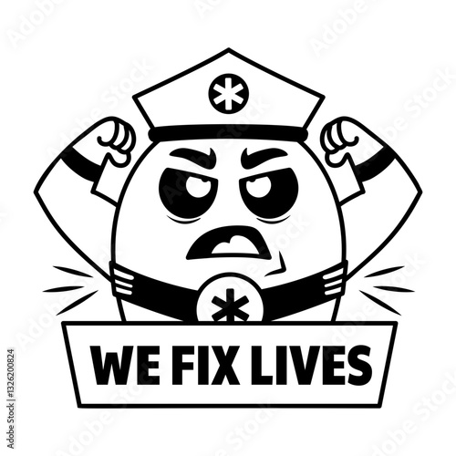 A glyph sticker of a medical character with we fix lives typography 