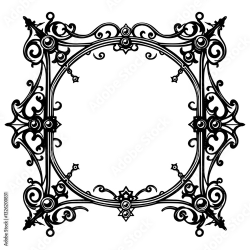 Ornate Black and White Square Frame with Circular Center, Baroque Floral Design, Detailed Elements