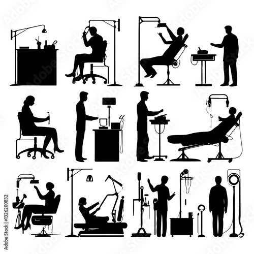 Dentist Performing Checkup Silhouette set