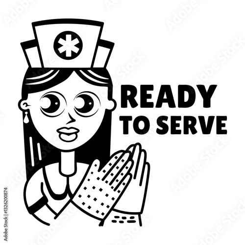 A glyph sticker of a cute nurse with ready to serve typography 