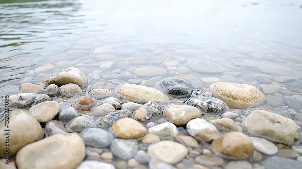 Serene riverside with smooth pebbles partially submerged in clear water, evoking calm and tranquility.