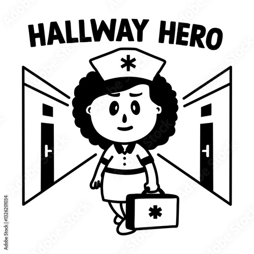 A glyph sticker of a medical character with hallway hero typography 