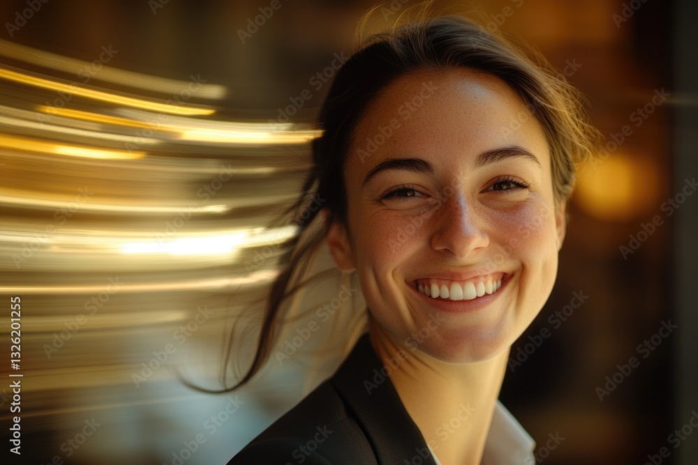 Obraz premium A woman smiling with her hair blown by the wind