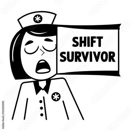 A glyph sticker of tired nurse with shift survivor typography 