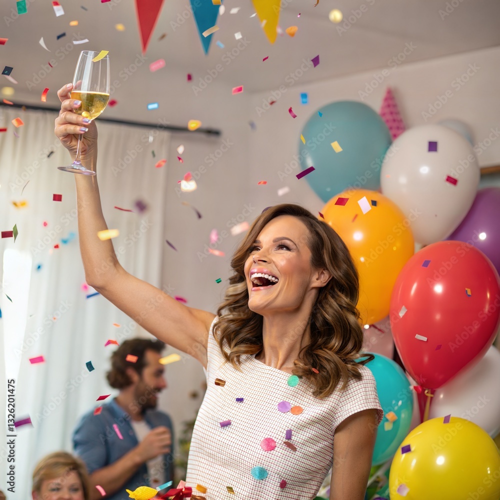 Fototapeta premium Joyful Woman Celebrating Party with Falling Confetti 