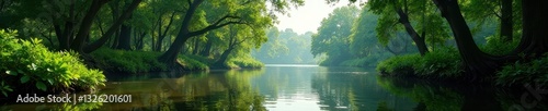 Mighty Mississippi River flows past lush Jean Lafitte swamp , blue, stock photo, Louisiana
