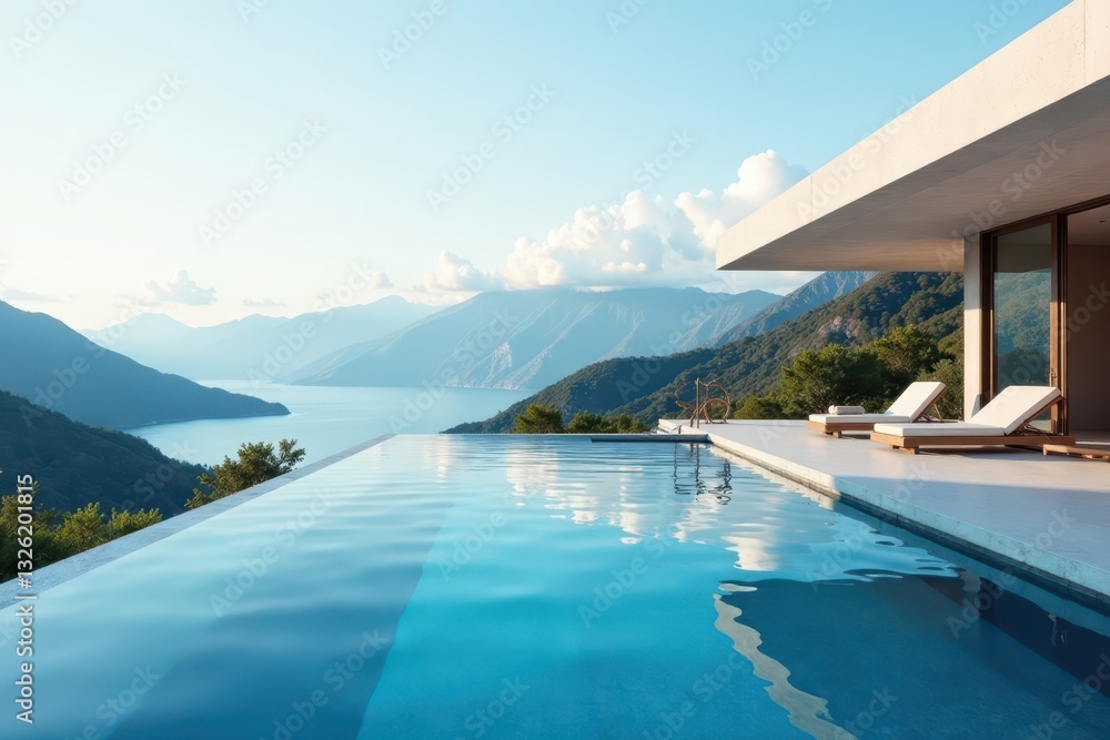 Minimalist architecture, infinity pool overlooking mountains , architecture, outdoor, view Minimalist architecture, infinity pool overlooking mountains , architecture, outdoor, view