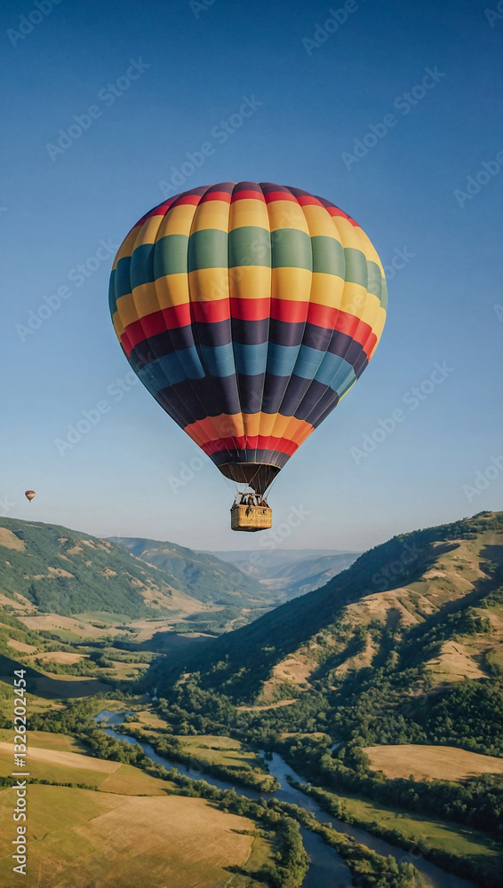 Fototapeta premium Colorful hot air balloon soaring over stunning valleys under a blue sky.