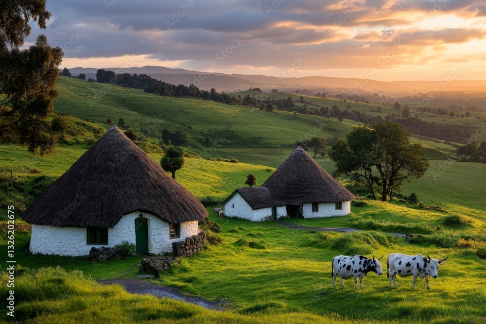 Obraz premium A peaceful village nestled in the hills, with thatched roofs, winding roads, and grazing animals in the fields