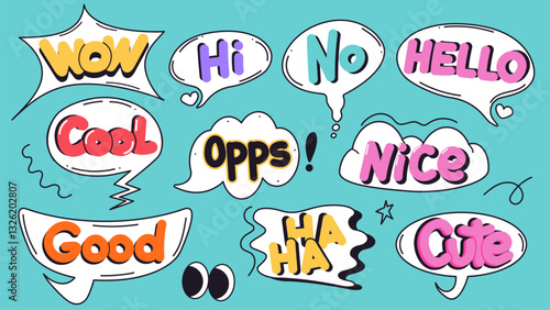 Set of doodle speech bubble with text. Chat design element in funky groovy style. Cartoon isolated vector illustration.