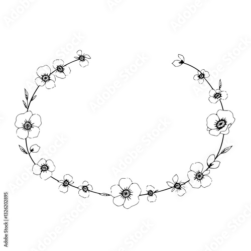 Elegant black and white hand-drawn floral wreath, featuring delicate blooms and leaves arranged in a semi-circular pattern on a pristine white background, evoking grace.