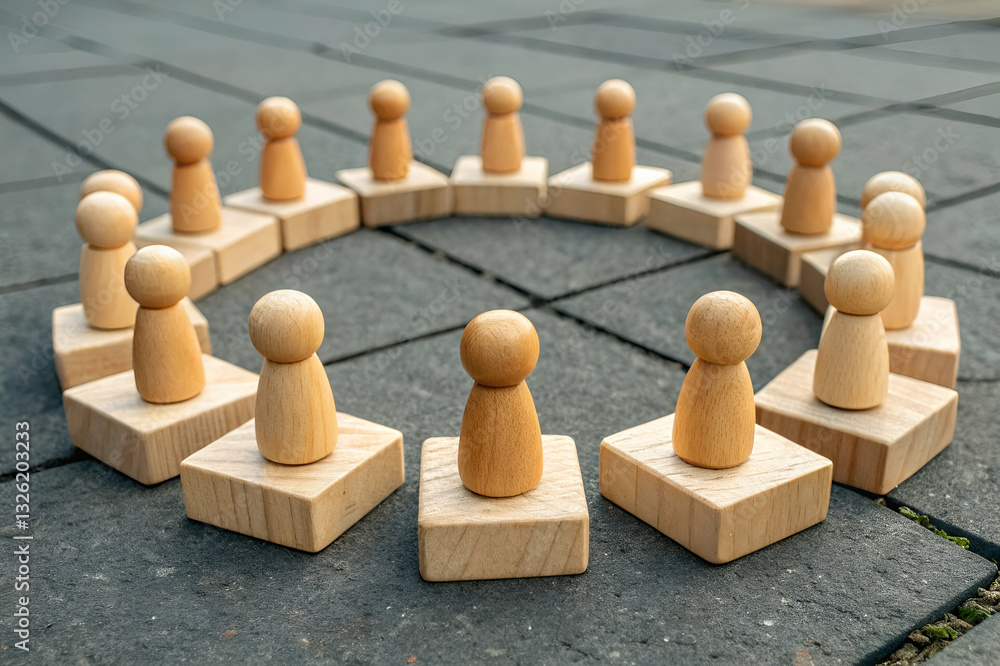 Obraz premium community insights, Wooden Figure Shapes Arranged in a Circular Formation on a Paved Surface, Symbolizing Teamwork, Collaboration, Unity, and Connection in a Minimalistic Style