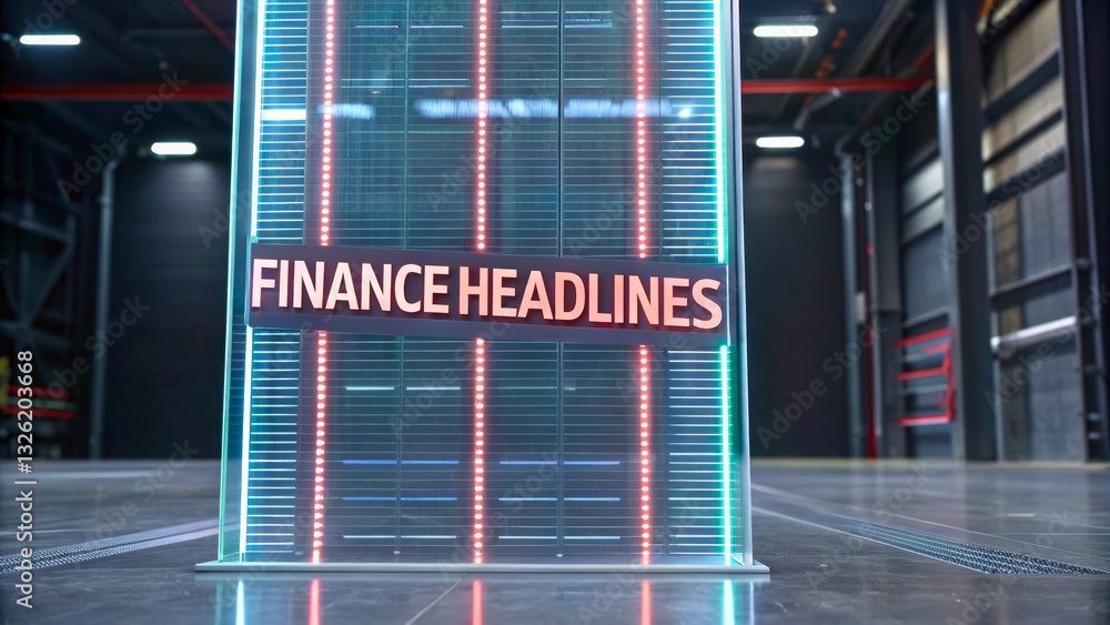 Naklejka premium Neon Lit Finance Headlines Display in Modern Stock Market Setting