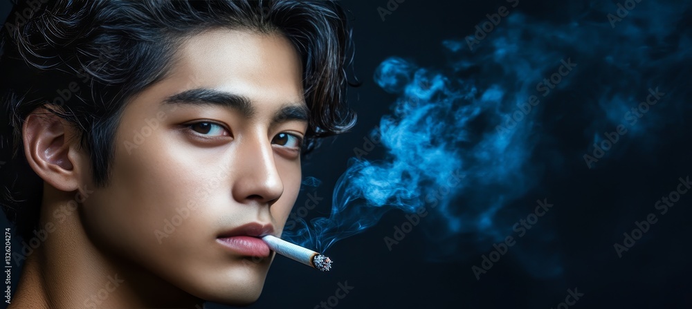 Fototapeta premium Close-Up Portrait, Moody Lighting Young Man Drawing on a Cigarette, Smoke Curling Around His Face