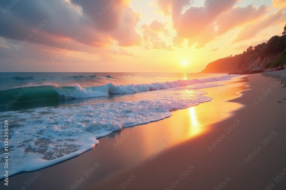 Misty dawn, gentle waves caress the shore, serene beach , solitude, escape Misty dawn, gentle waves caress the shore, serene beach , solitude, escape