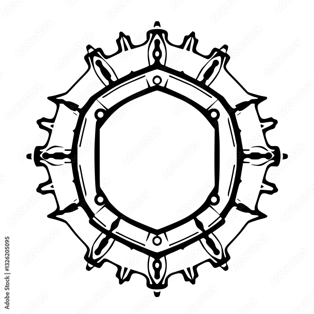 Fototapeta premium Symmetrical Black & White Geometric Design Featuring a Cogwheel-like Exterior Border & Inner Hexagonal Frame, Pure White Background.