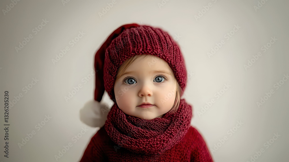 Adorable Child in a Red Knit Hat and Scarf for Winter Season Adorable Child in a Red Knit Hat and Scarf for Winter Season