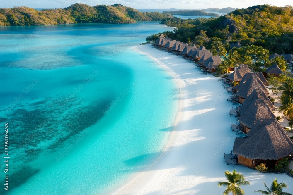 A remote island with turquoise waters, white sandy beaches, and lush tropical vegetation A remote island with turquoise waters, white sandy beaches, and lush tropical vegetation