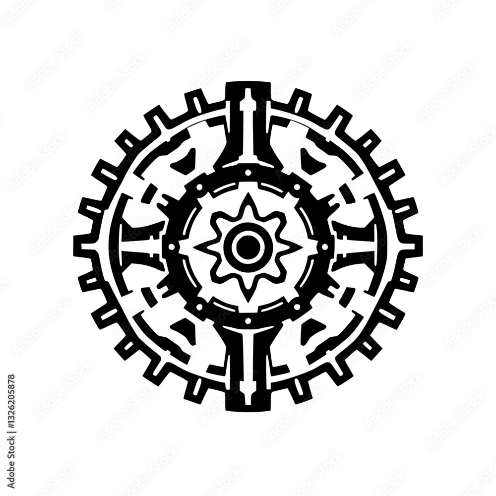 Intricate Black and White Geometric Mandala: Complex Circular Pattern with Gear-Like Outer Ring, Stellar Central Motif, and Symmetric Design. Intricate Black and White Geometric Mandala: Complex Circular Pattern with Gear-Like Outer Ring, Stellar Central Motif, and Symmetric Design.
