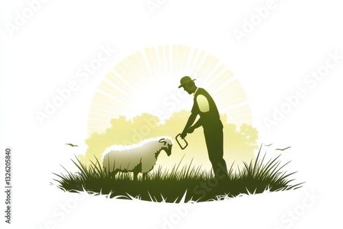 Minimally illustrated shearer demonstrating skillful technique in a vibrant pasture at sunrise