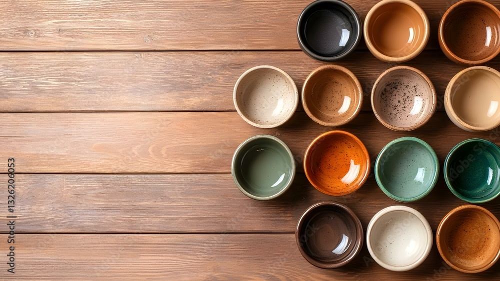 A collection of small, colorful ceramic bowls arranged in a grid on a wooden surface. Concept Ceramic Bowl Collection, Colorful Decor, Wooden Surface Aesthetic, Grid Arrangement, Home Accessories A collection of small, colorful ceramic bowls arranged in a grid on a wooden surface. Concept Ceramic Bowl Collection, Colorful Decor, Wooden Surface Aesthetic, Grid Arrangement, Home Accessories