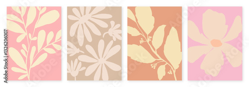 Soft Pastel Minimalist Floral Poster in Retro Style. Delicate leaf and flower silhouettes in warm, earthy tones. Perfect for modern wall art, branding, stationery, and digital backgrounds