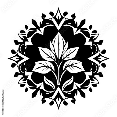 Symmetrical black and white stylized floral design with a central plant and ornamental surrounding elements, resembling a medallion or emblem.
