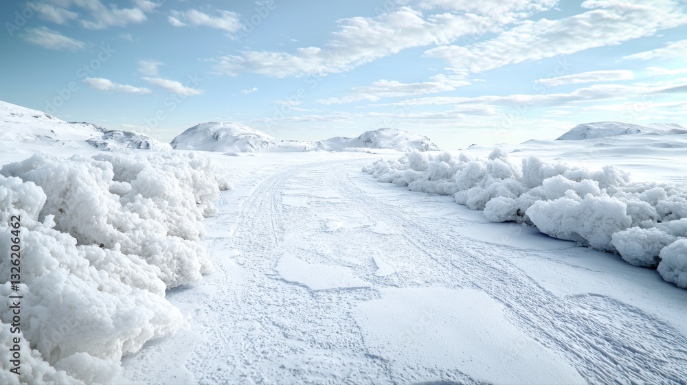 Snow-covered terrain under a clear blue sky with serene winter scenery and distant snow hills. Snow-covered terrain under a clear blue sky with serene winter scenery and distant snow hills.