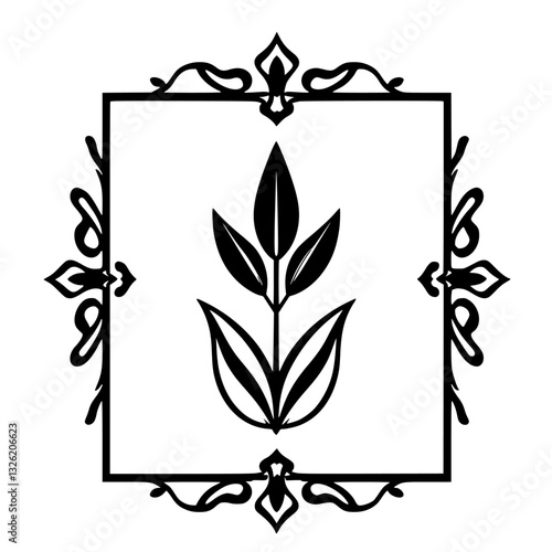Elegant Black and White Botanical Emblem: A symmetrical design with a stylized floral motif enclosed in a square frame with ornate, decorative flourishes.