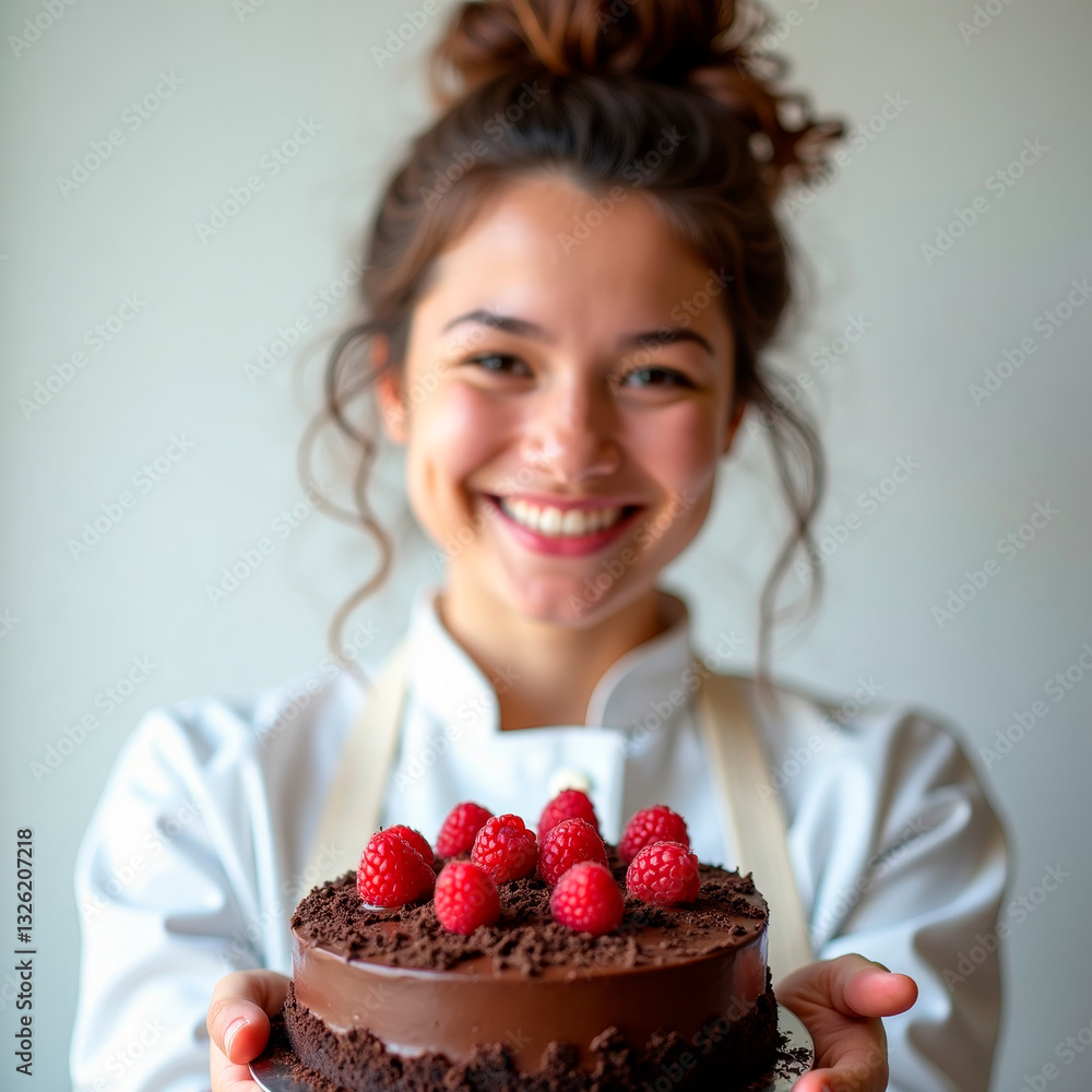 A girl in a white chef's coat with loose hair holds a chocolate cake with raspberries.