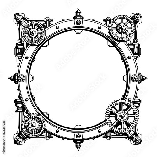 Intricate Steampunk-style Gear Frame, Circular Design, Detailed Mechanical Border with Cogs, Screws, and Rivets, White Background