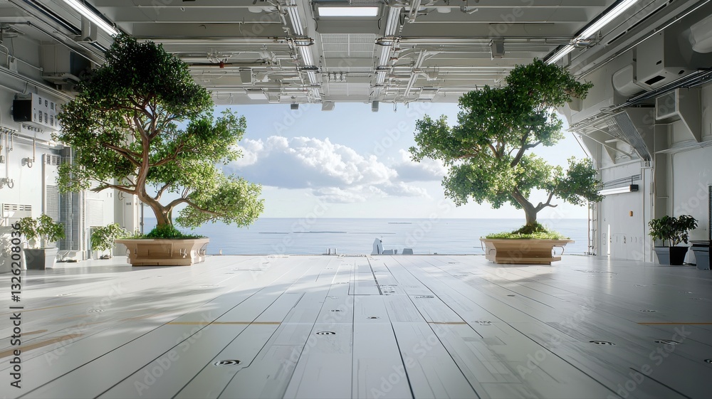 Obraz premium Spacious open room with large bonsai trees offering a stunning ocean view under a bright, clear sky.