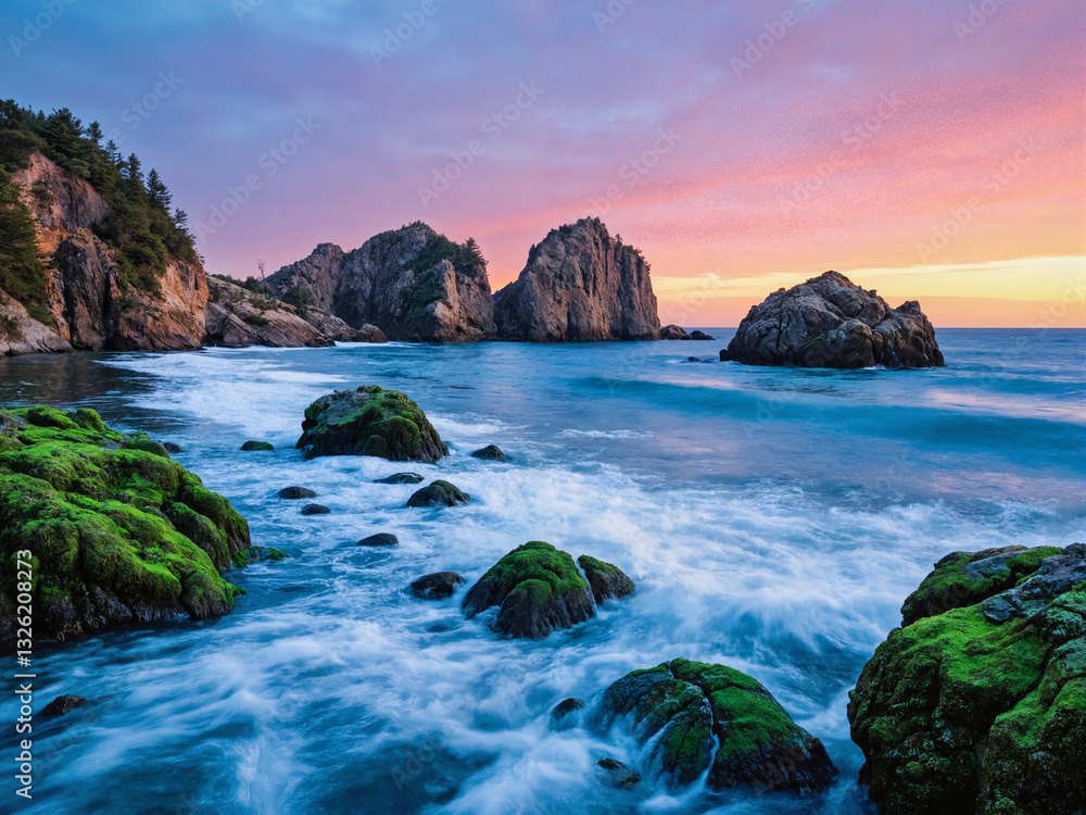 seascape at sunset with dramatic rock