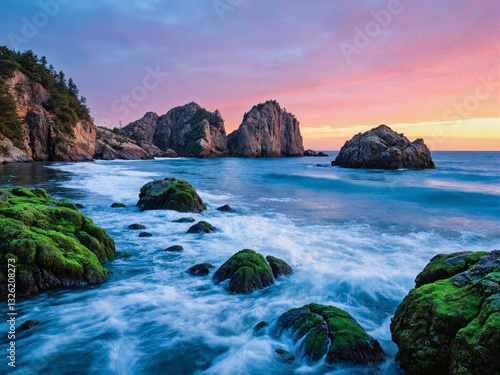 Obraz na płótnie seascape at sunset with dramatic rock w salonie