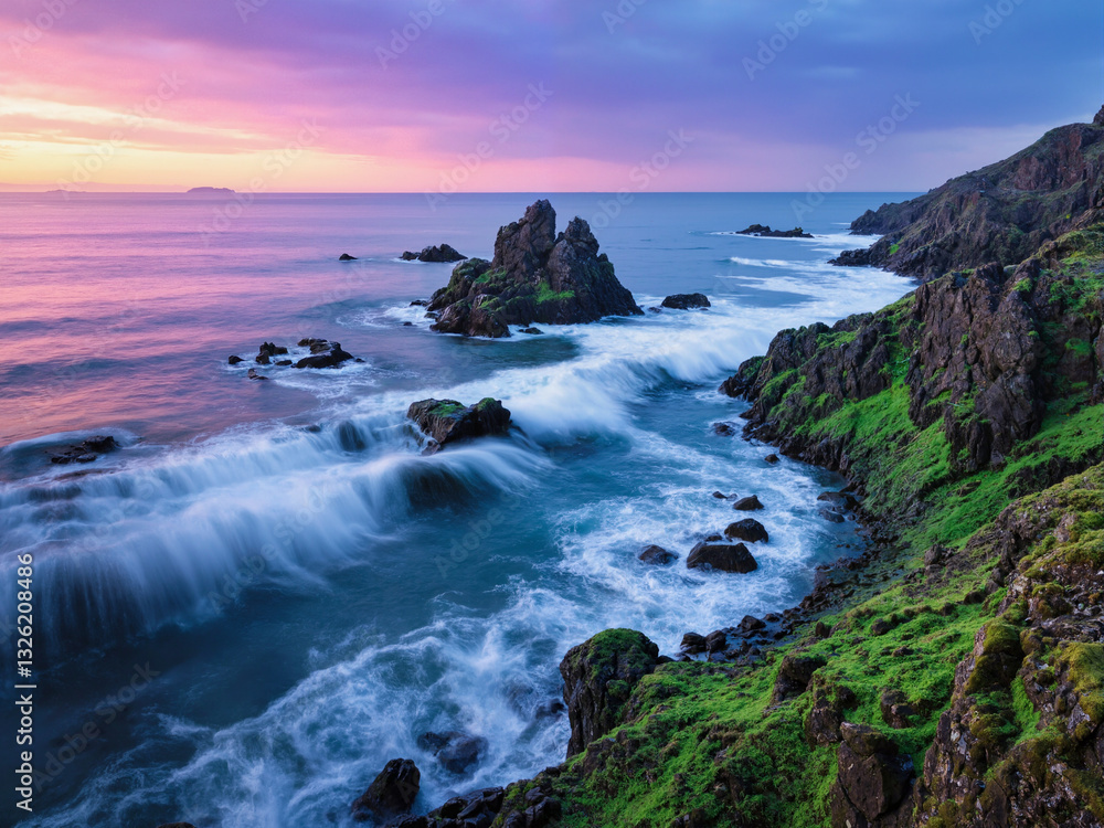 seascape at sunset with dramatic rock