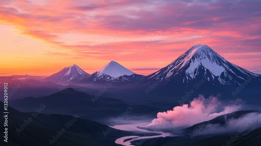 Sunset with A Breathtaking Panorama of Snow-Capped Peaks at Sunrise Sunset with A Breathtaking Panorama of Snow-Capped Peaks at Sunrise