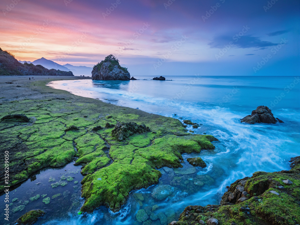seascape at sunset with dramatic rock