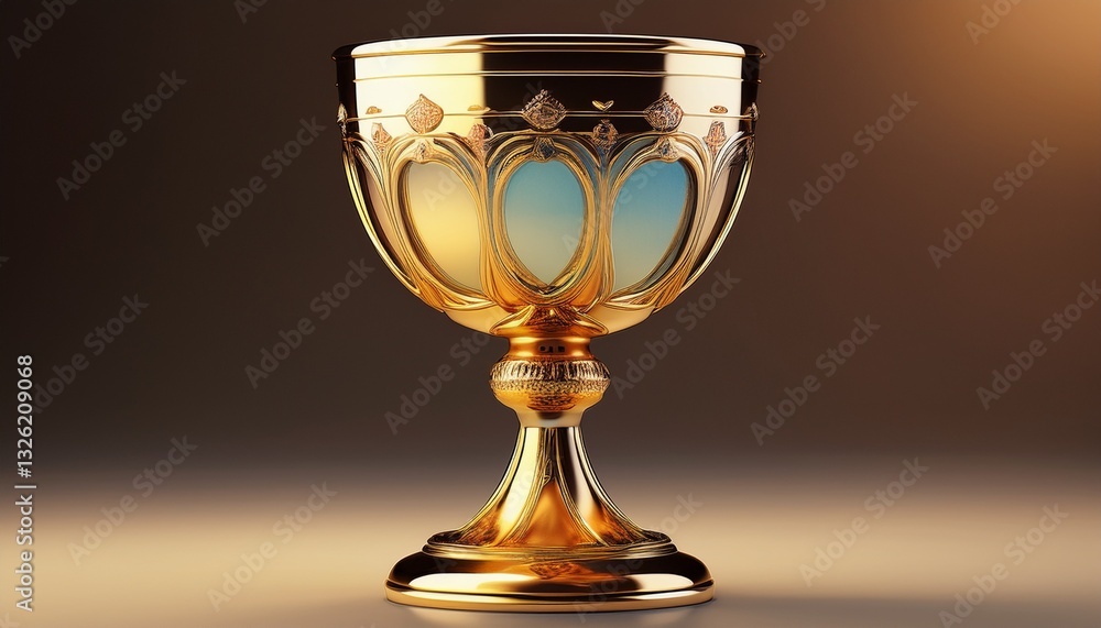 Elegant 3D-rendered golden chalice with delicate reflections of soft pastel hues, evoking the spirit of Communion. A serene representation Elegant 3D-rendered golden chalice with delicate reflections of soft pastel hues, evoking the spirit of Communion. A serene representation